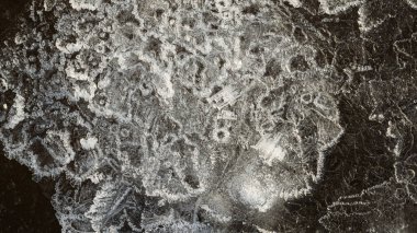 Buz üzerinde harika bir soğuk oluşumu. Buz taneleri, kışın eşsiz güzelliği..