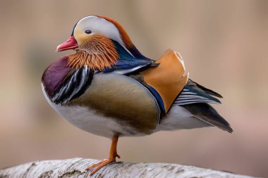 Çok güzel bir mandarin ördeğinin portresi, Almanya 'nın Frankfurt şehrinde soğuk bir günde Jacobiweiher adı verilen küçük bir gölette duruyor..