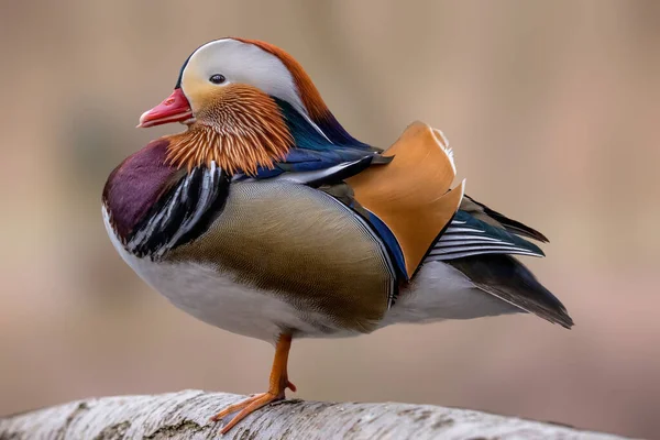 Çok güzel bir mandarin ördeğinin portresi, Almanya 'nın Frankfurt şehrinde soğuk bir günde Jacobiweiher adı verilen küçük bir gölette duruyor..