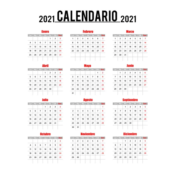 İspanyolca 2021 yılı için basit takvim düzeni. Hafta pazartesiden itibaren başlıyor. Veri şebekesi 2021. Vektör illüstrasyonu, izole nesneler.