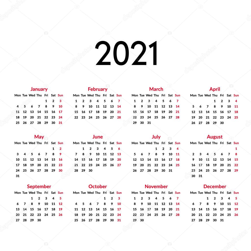 Simple calendar Layout for 2021 years in English. Week starts from Monday. Data Grids 2021. Vector illustration, isolated objects.