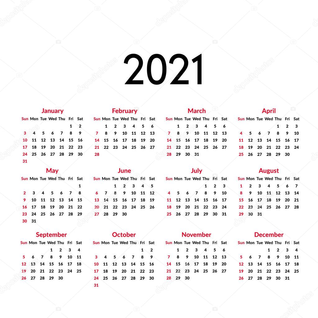 Simple calendar Layout for 2021 years in English. Sunday week start. Data Grids 2021. Vector illustration, isolated objects