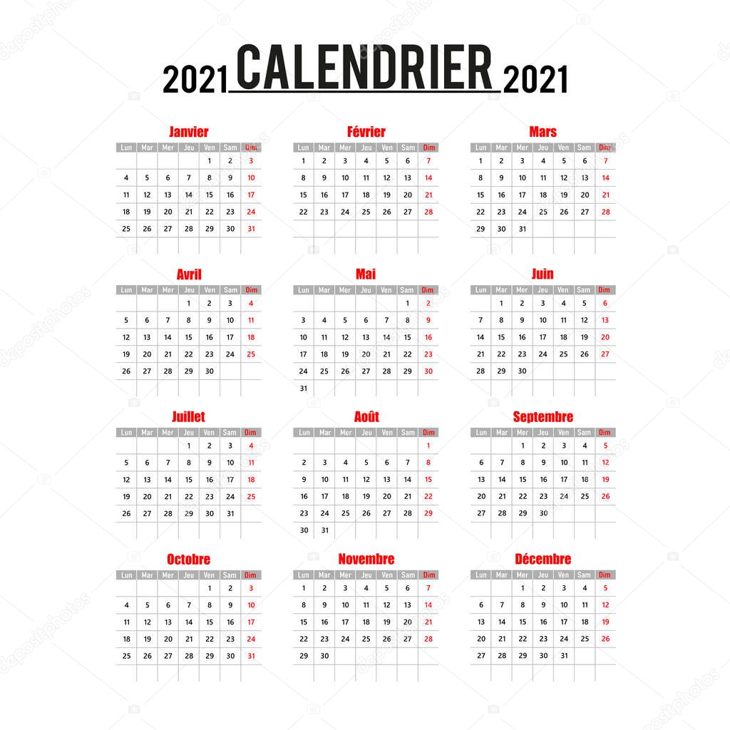 Simple calendar Layout for 2021 years in French. Monday week start. Data Grids 2021. Vector illustration, isolated objects 