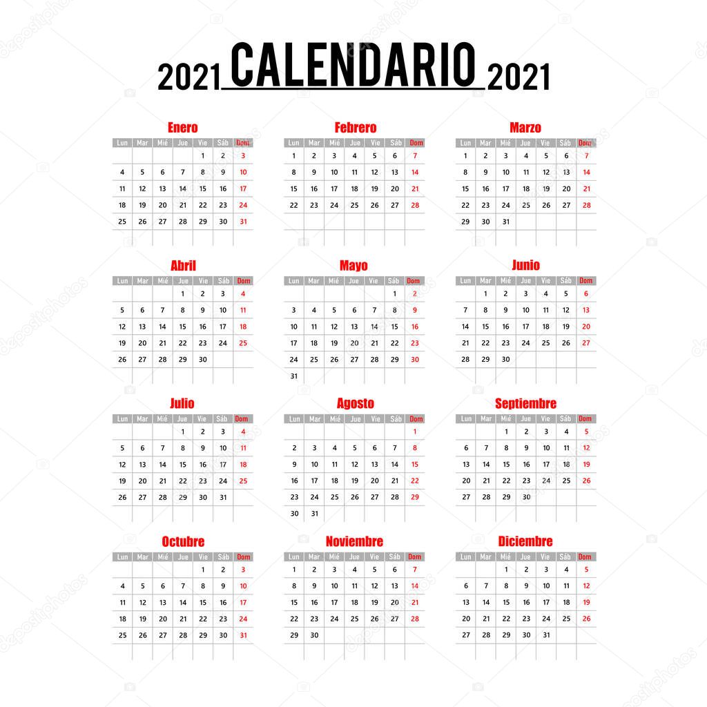 Simple calendar Layout for 2021 years in Spanish. Monday week start. Data Grids 2021. Vector illustration, isolated objects 