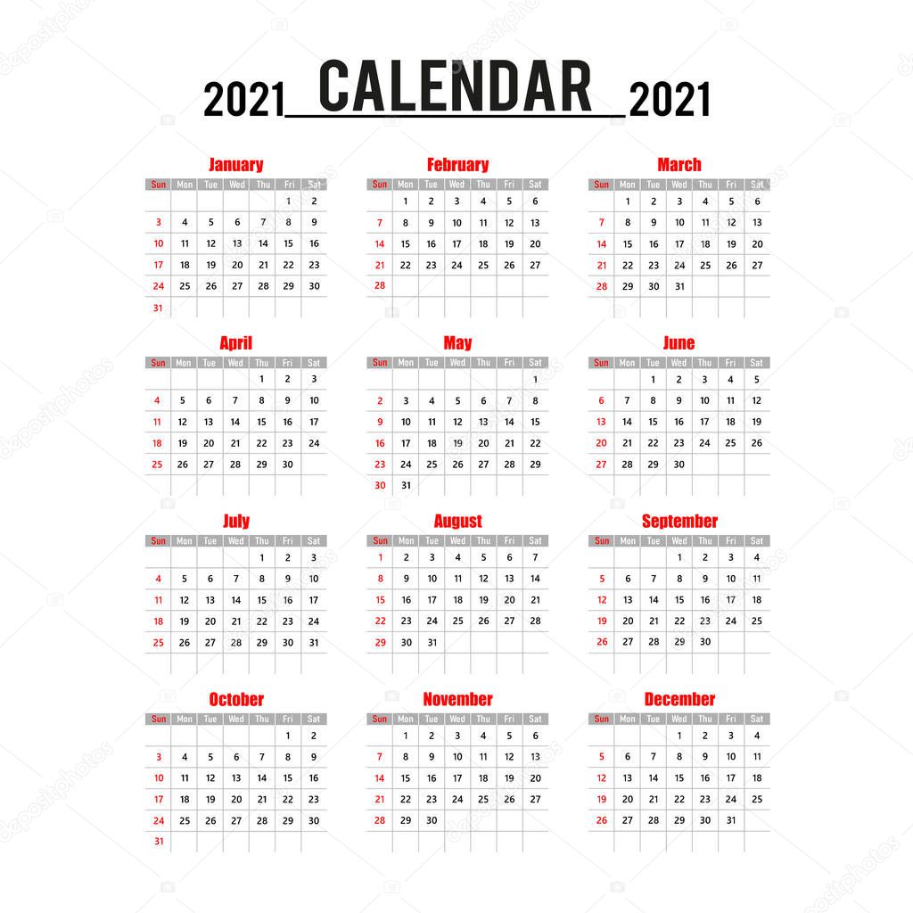 Simple calendar Layout for 2021 years in English. Sunday week start. Data Grids 2021. Vector illustration, isolated objects 