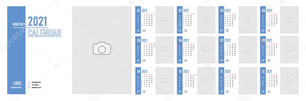 Desktop Monthly Photo Calendar 2021. Simple monthly horizontal photo calendar Layout for 2021 years in English.Cover Calendar Template and 12 monthes templates. Week starts from Monday. Vector illustration, isolated objects