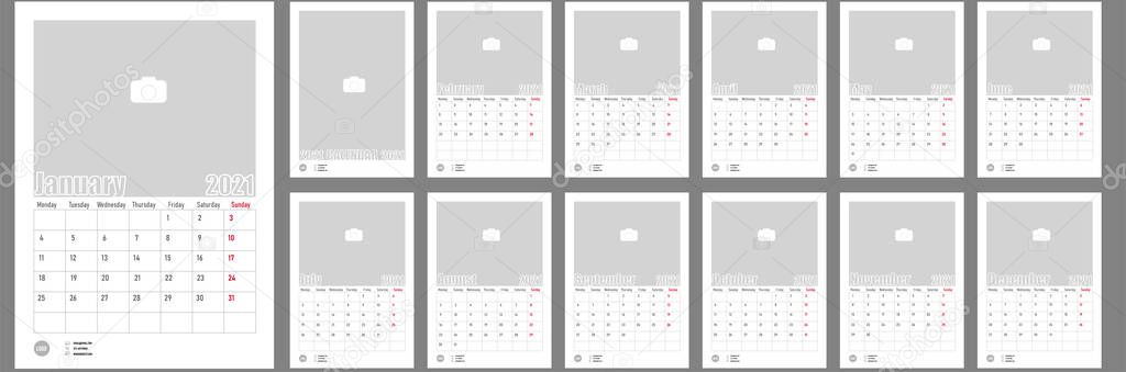 Wall Monthly Photo Calendar 2021. Simple monthly horizontal photo calendar Layout for 2021 years in English.Cover Calendar Template and 12 monthes templates. Week starts from Monday. Vector illustration, isolated objects 