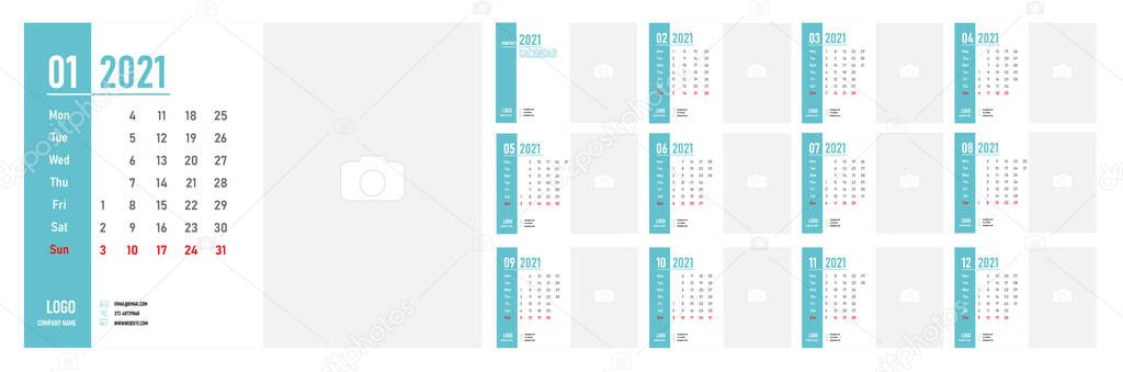 Desktop Monthly Photo Calendar 2021. Simple monthly horizontal photo calendar Layout for 2021 years in English.Cover Calendar Template and 12 monthes templates. Week starts from Monday. Vector illustration, isolated objects 