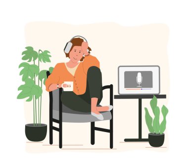 Çizgi filmdeki gülümseyen insanlar ses podcast 'ini dinliyor ve kaydediyor veya çevrimiçi gösterim vektörü düz çizim. Neşeli kişi radyo sunucusu, beyaz nesneler üzerine izole edilmiş nesneler yayınlayan kitle iletişim araçları, konuk röportaj yapıyor