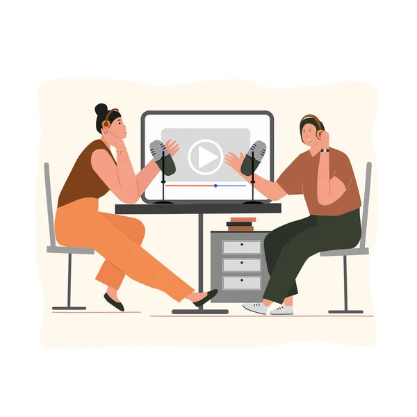 Personas Escuchando Grabando Podcast Audio Programa Línea Entrevista Mujer Podcaster — Archivo Imágenes Vectoriales