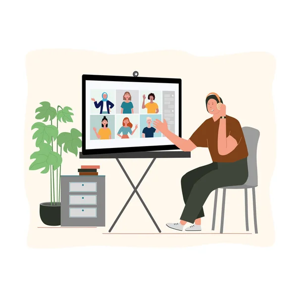  Çevrimiçi uyarı, çevrimiçi konferans konsepti, dinleme ve ses yayını. Video konferansı. Erkek podcaster, atölye yayıncısı, karikatür karakteri. Medya karalama çizimi sunuyor. Düz vektör illüstrasyonu.