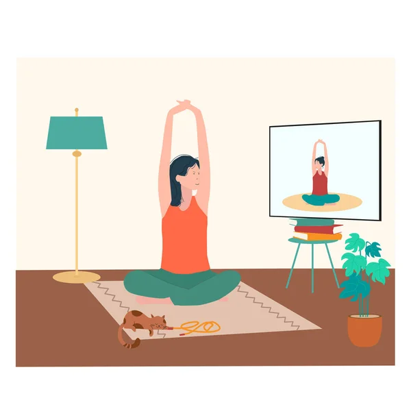 Quarantine Stay Home Concept Women Doing Exercises Yoga Teacher Tutor — Stock Vector