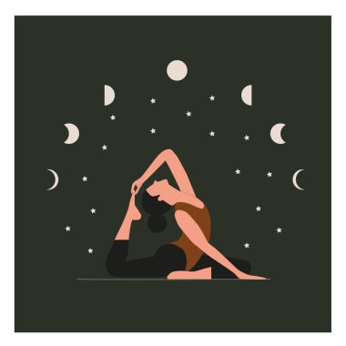Ay evreleri, yıldızlar, gizem. Lotus yogası pozisyonunda halının üzerinde oturan genç bir kadın. Düz vektör çizimi, izole nesneler.