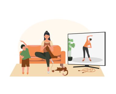 Kadınlar, anne kanepede oturup örgü örüyor, çocuk öğretmenle egzersiz yapıyor, yoga yapıyor, video dersi alıyor. Evde kal, karantina, kovan 19. Düz vektör çizimi, izole nesne.