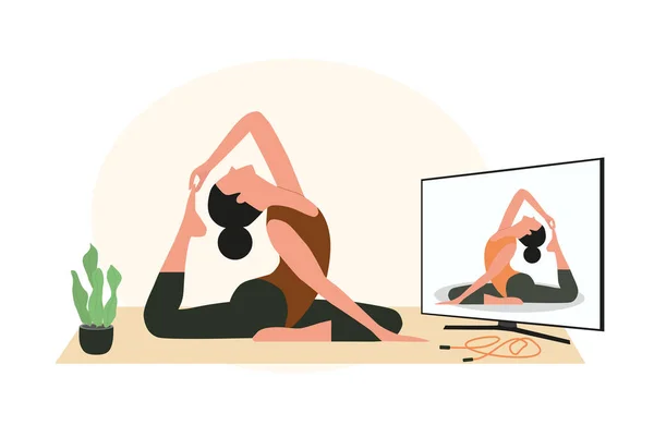 Quarantaine Blijf Thuis Concept Vrouwen Doen Oefeningen Yoga Met Leraar — Stockvector