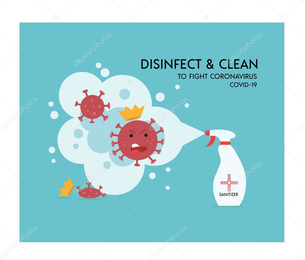 Stop Coronavirus, bottle of antiseptic spray, antibacterial detergent kills bacteria. Disinfection concept. Sanitizer for hygiene home and personal hygiene. Vector flat illustration, isolated objects.