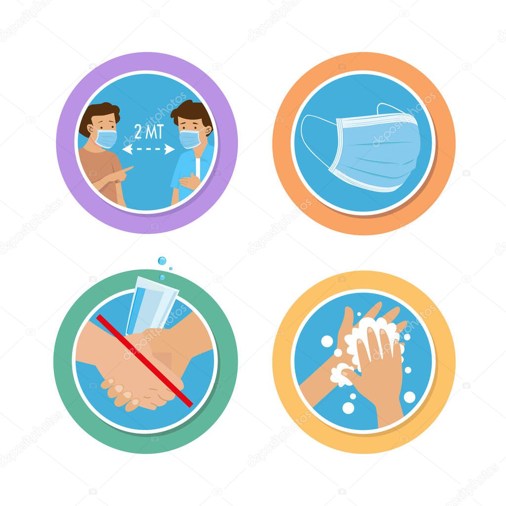 Icon set. Simple recommendations to protect yourself from Coronavirus COVID-19. Protection measures like washing hands, wearing mask, avoid handshakes. Flat vector illustration,