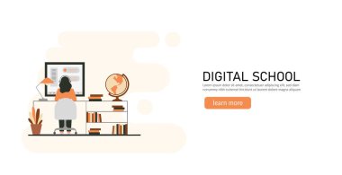 E-öğrenme, ev kavramlarında çevrimiçi eğitim. Uzaklık eğitimi, çevrimiçi kurslar, özel dersler, web siteleri, dijital dersler, çevrimiçi öğretim metaforları. Düz vektör çizimi, izole nesneler.