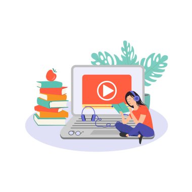 E-öğrenme, ev kavramlarında çevrimiçi eğitim. Uzaklık eğitimi, çevrimiçi kurslar, özel dersler, web siteleri, dijital dersler, çevrimiçi öğretim metaforları. Düz vektör çizimi, izole nesneler.