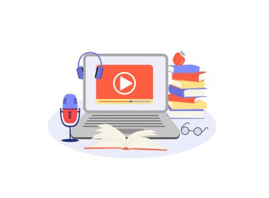 E-öğrenme, ev kavramlarında çevrimiçi eğitim. Uzaklık eğitimi, çevrimiçi kurslar, özel dersler, web siteleri, dijital dersler, çevrimiçi öğretim metaforları. Düz vektör çizimi, izole nesneler.