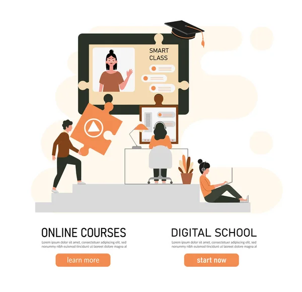 E-öğrenme, ev kavramlarında çevrimiçi eğitim. Uzaklık eğitimi, çevrimiçi kurslar, özel dersler, web siteleri, dijital dersler, çevrimiçi öğretim metaforları. Düz vektör çizimi, izole nesneler.