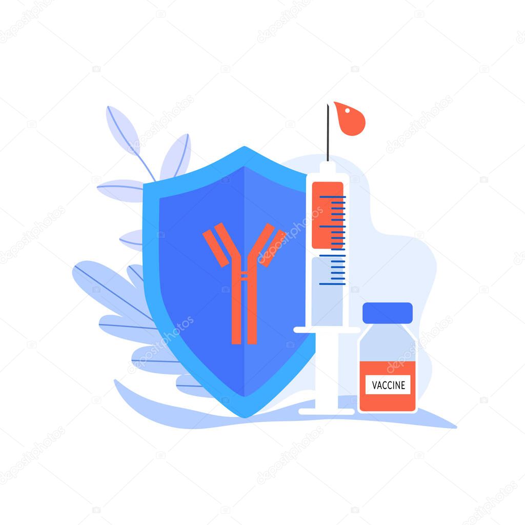 Vaccination concept. Modern immunization concept for web design with syringe, vaccine, bottle, antibodies and virus. Landing page template, banner, icon. Flat vector illustration, isolated objects.