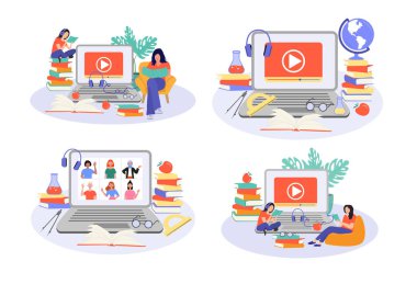 E-öğrenim, ev konseptinde online eğitim. Uzaklık eğitimi, çevrimiçi kurslar, özel dersler, webinar, dijital sınıf, online öğretim metaforları. Düz vektör çizimi, izole nesneler.