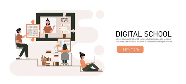 E-öğrenim, ev konseptinde online eğitim. Uzaklık eğitimi, çevrimiçi kurslar, özel dersler, webinar, dijital sınıf, online öğretim metaforları. Düz vektör çizimi, izole nesneler.
