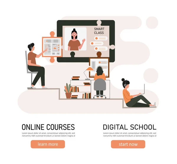Learning Educazione Online Casa Concetto Formazione Distanza Corsi Online Tutorial — Vettoriale Stock