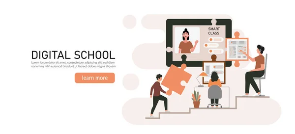 E-öğrenim, ev konseptinde online eğitim. Uzaklık eğitimi, çevrimiçi kurslar, özel dersler, webinar, dijital sınıf, online öğretim metaforları. Düz vektör çizimi, izole nesneler.