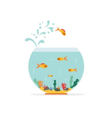 Goldfish jumping out one fishbowl. Aquarium with swimming gold exotic fish. Underwater aquarium habitat with sea plants. Flat vector drawn illustration, isolated objects. clipart