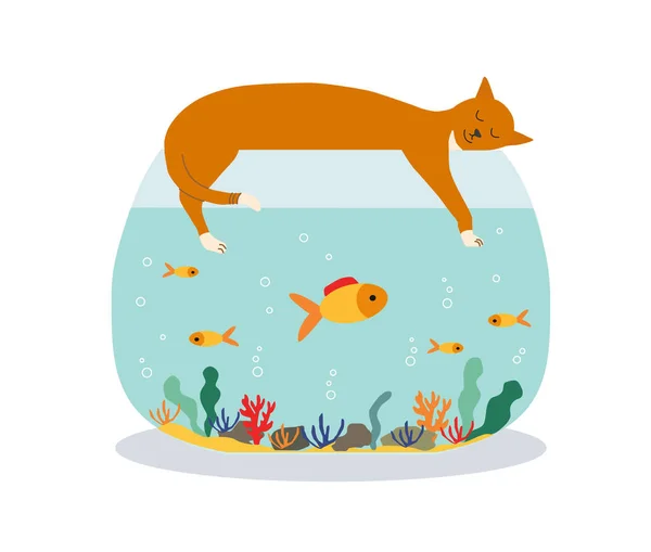 Gato Duerme Acuario Con Peces Nadadores Pez Dorado Pecera Lindo — Vector de stock
