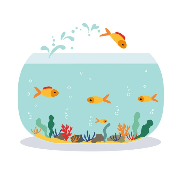 Goldfish Saltando Para Fora Aquário Aquário Com Natação Ouro Peixes — Vetor de Stock