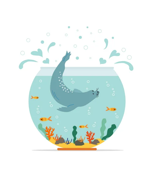 Lebensstil Unter Wasser Aquarium Mit Schwimmenden Goldfischen Und Pelzrobbe Seebär — Stockvektor