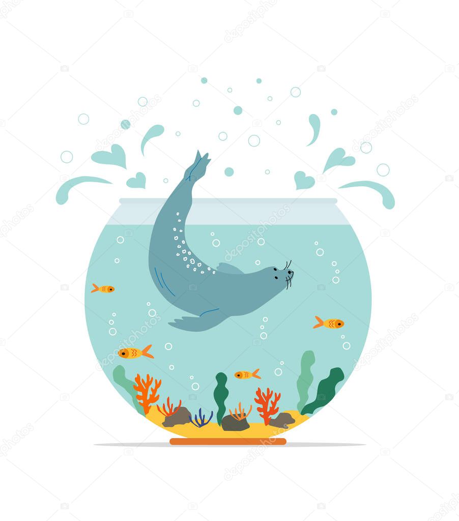 Marine underwater lifestyle. Aquarium with swimming gold exotic fish and Fur seal, sea bear. Underwater aquarium habitat with sea plants. Flat vector drawn illustration, isolated objects.