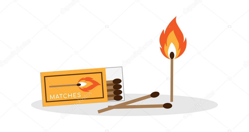 Safety match. Collection of matches. Burning match with fire, opened matchbox, burnt matchstick. Flat design style. Vector illustration isolated on white background.