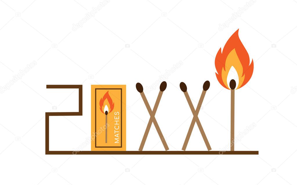 Safety match. Collection of matches. Burning match with fire, opened matchbox, burnt matchstick. Flat design style. Vector illustration isolated on white background.