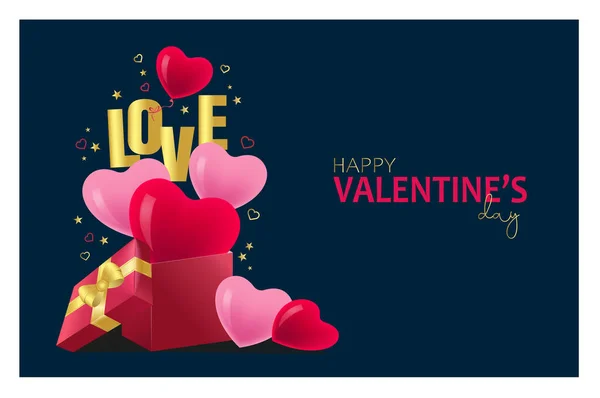 バレンタインデーのデザイン 現実的な赤いギフトボックス 装飾的なお祝いのオブジェクトでいっぱいのギフトボックスを開きます 休日のバナー Webポスター チラシ スタイリッシュなパンフレット グリーティングカード カバー ロマンチックな背景 — ストックベクタ