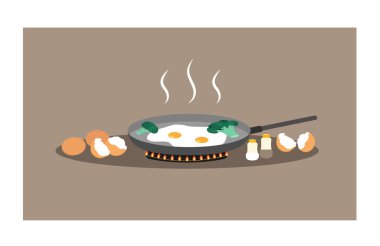 Kızarmış yumurta, brokolili kalp şekli kızartma tavasında pişiyor. Yemek, kahvaltı çizgi film konsepti. Düz vektör çizimi, izole nesneler.