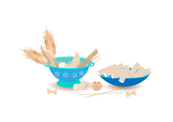 Makarna vektör nesneleri ayarlandı. Penne, farfalle, spagetti, conchiglie kabuğu ve buğday. İtalyan makarnası süzgeç, süzgeç, delinmiş kase. Gıda çizimi, izole nesneler.
