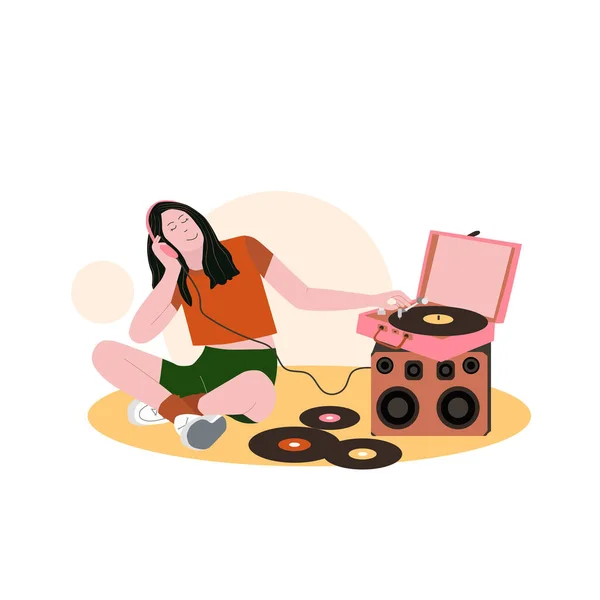 复古唱片 黑胶音乐概念 在家里有聚会聆听老式的乙烯唱片 女孩设置复古乙烯唱机与板 旧唱片 乙烯唱片 — 图库矢量图片