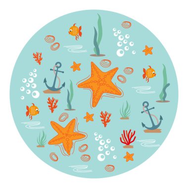 Deniz altı yaşam tarzı. Yüzen altın renkli egzotik balıklar ve deniz yıldızı. Denizcilik halatı ve mercan ile çapa. Deniz bitkileriyle dolu su altı akvaryumu. Düz vektör çizimi, izole nesneler.