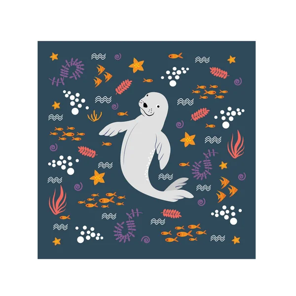 Купающийся Тюлень Морской Медведь Тюлень Монах Экзотическая Рыба Морская Звезда — стоковый вектор