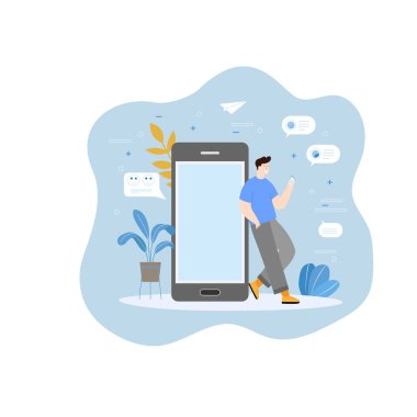 İletişim konsepti. Takım metaforu. İnsanlar akıllı telefondan konuşuyor. Takım çalışması, işbirliği, ortaklık sembolü. Vektör illüstrasyon düz tasarım biçimi.