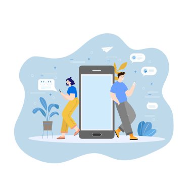 İletişim konsepti. Takım metaforu. İnsanlar akıllı telefondan konuşuyor. Takım çalışması, işbirliği, ortaklık sembolü. Vektör illüstrasyon düz tasarım biçimi.
