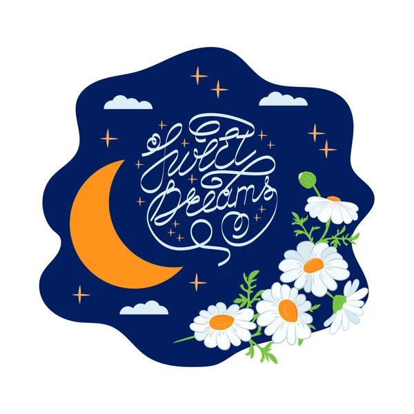 Λουλούδι Μαργαρίτα Όνειρα Γλυκά Νυχτερινός Ουρανός Φεγγάρι Γράμματα Χαμομήλι Λουλούδια — Διανυσματικό Αρχείο