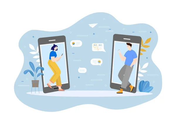 İletişim konsepti. Takım metaforu. İnsanlar akıllı telefondan konuşuyor. Takım çalışması, işbirliği, ortaklık sembolü. Vektör illüstrasyon düz tasarım biçimi.