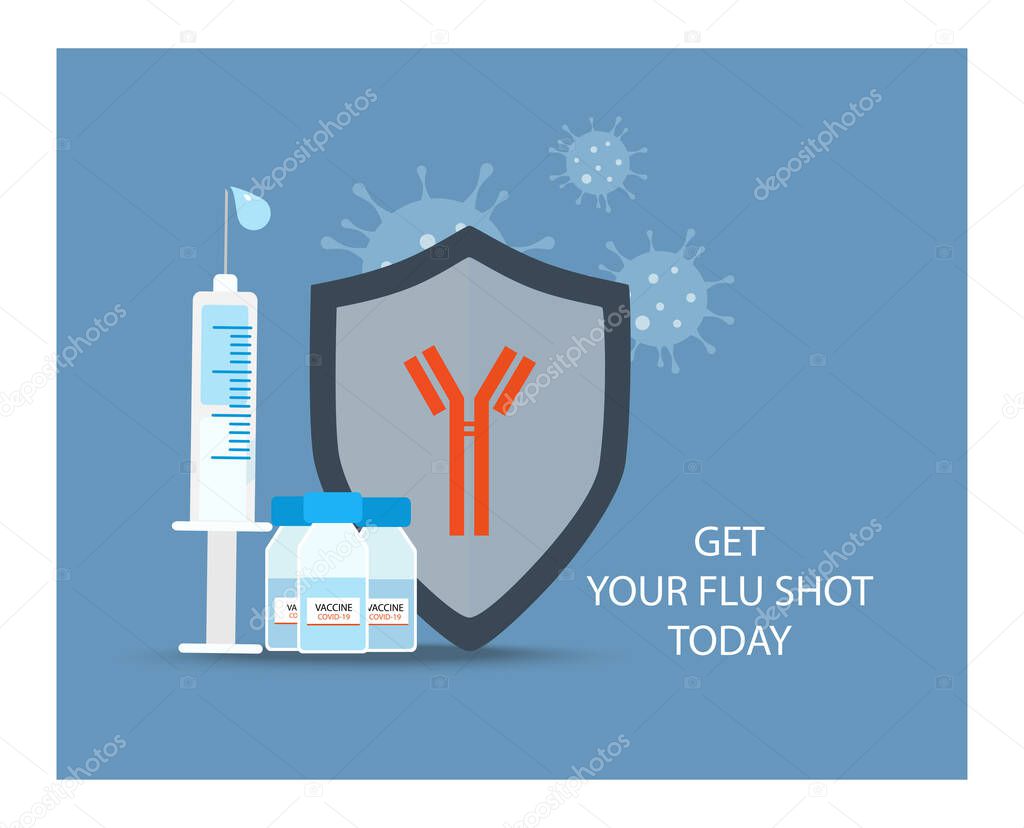 Vaccination concept. Modern immunization concept for web design with syringe, vaccine, bottle, antibodies sign on medical shield. Covid-19 vaccination. Template, banner, poster, icon. Flat vector illustration, isolated objects.