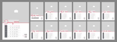 Wall Monthly Fotoğraf Takvimi 2022. İngilizce 2022 yılı için aylık dikey fotoğraf takvimi düzeni. Takvim, 12 aylık şablon. Hafta pazar günü başlıyor. Vektör illüstrasyonu