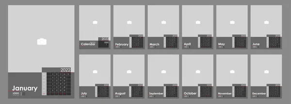 2022年长城月历 简单的月度垂直照片日历 以英文列出2022年的照片 封面日历 12个月模板 周从星期一开始 矢量说明 — 图库矢量图片